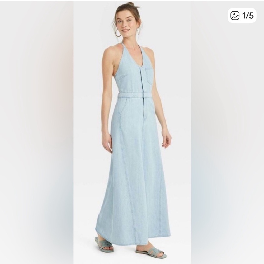 Universal Thread Light Wash Denim Halter Maxi Dress